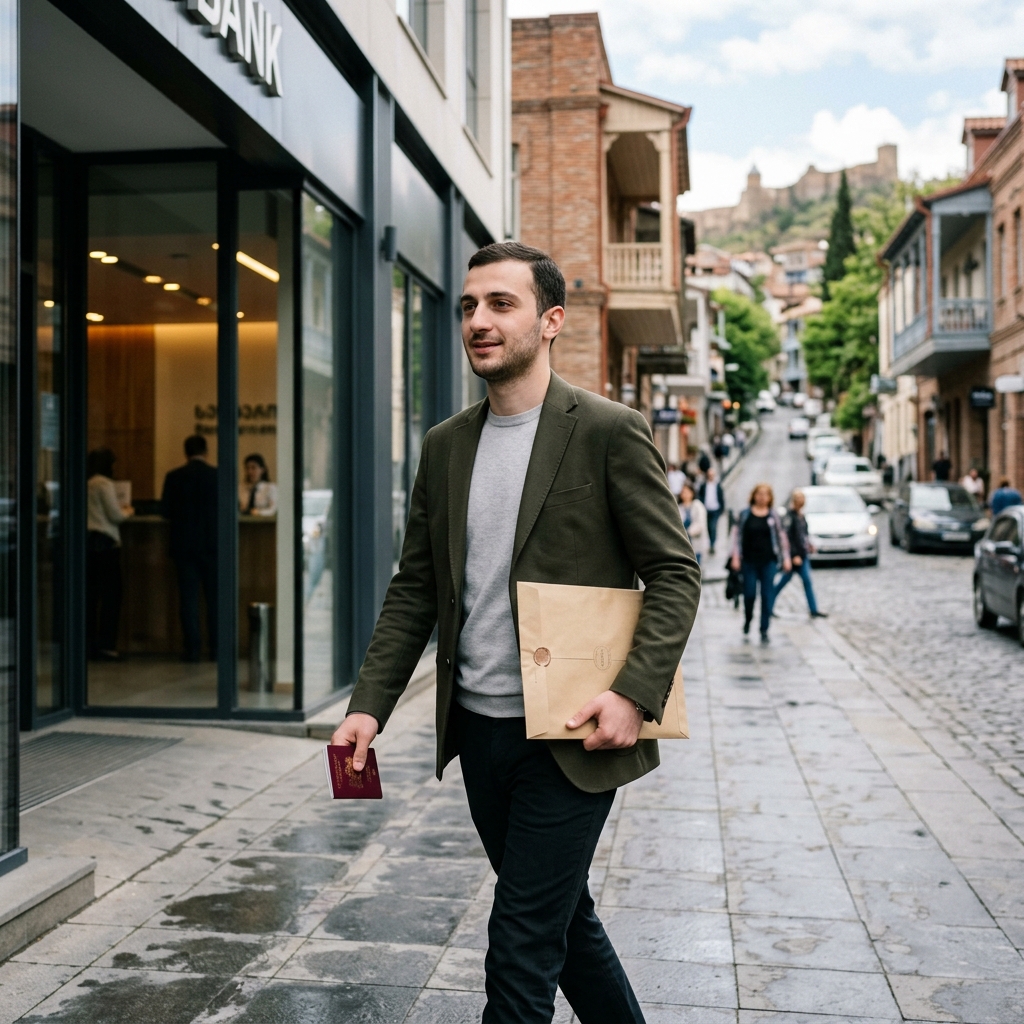 Клиент выходит из отделения банка в Тбилиси с паспортом после успешного открытия счета