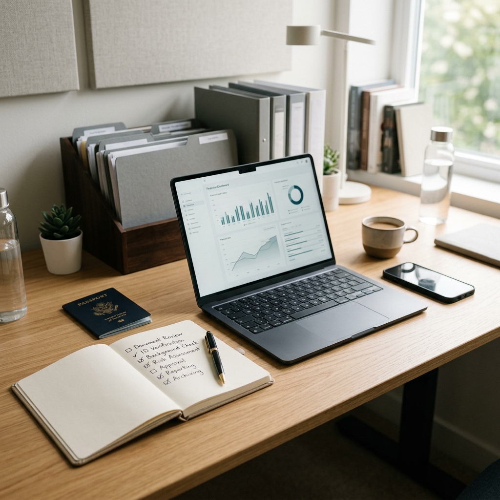 Рабочий стол с ноутбуком, паспортом и чек-листом документов для спокойной подачи анкеты KYC